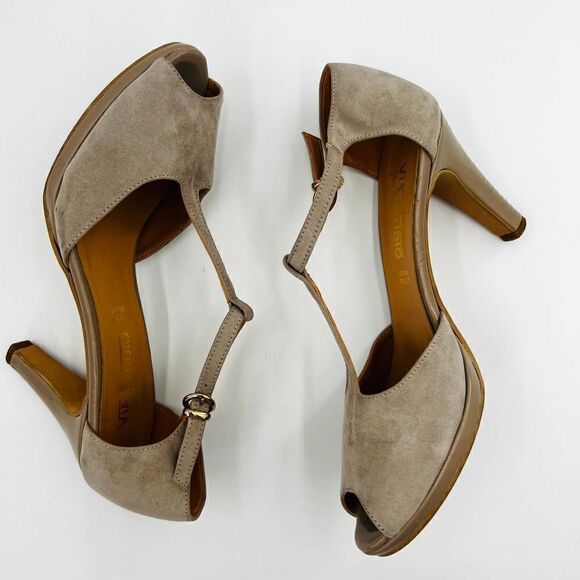 Via Studio Open Toe Platform T-Strap Nude Suede Pumps Size 38 - Picture 8 of 13